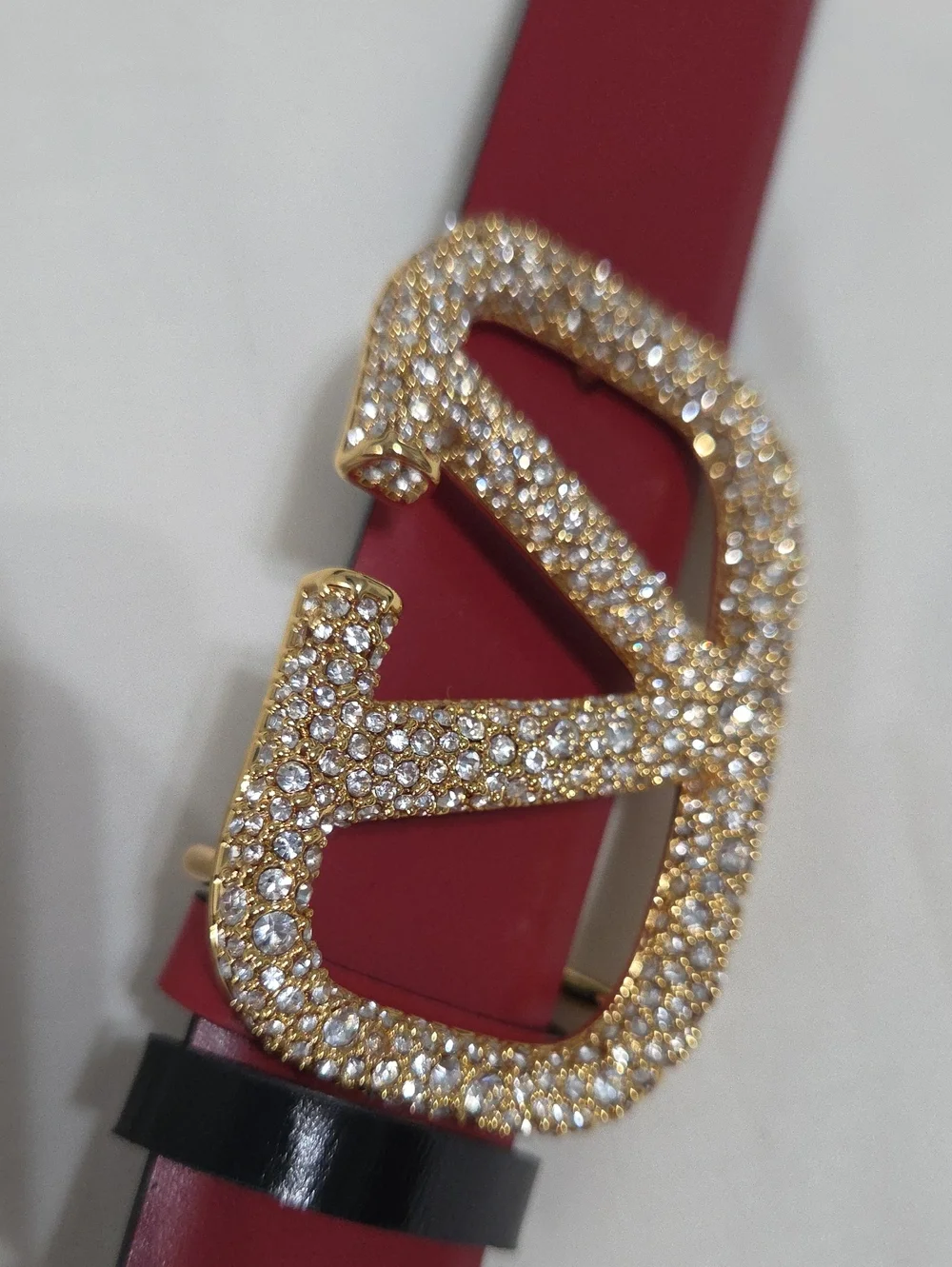 Valentino Garavani Red Black Belt with Gold Crystal Buckle